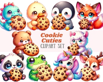 Puede incluir: Un conjunto de clipart digital de 10 animales de dibujos animados lindos sosteniendo galletas con chispas de chocolate. Los animales incluyen un dinosaurio, un pato, un pingüino, un zorro, un oso, una llama, un panda, una rana, un unicornio y un ciervo. El conjunto se titula "Cookie Cuties Clipart Set".