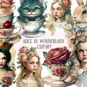 Acquerello Alice nel Paese delle Meraviglie Clipart Fairytale PNG Download di immagini digitali per la creazione di cartoline Scrapbook Junk Journal Crafts