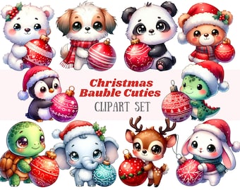 Puede incluir: Un conjunto de 10 imágenes de clipart de Navidad con animales adorables. Las imágenes presentan una variedad de animales adorables con gorros de Papá Noel y sosteniendo adornos navideños. Los animales incluyen un pingüino, una tortuga, un reno, un panda, un perro, un gato, un elefante, un dragón, un conejito y un oso.