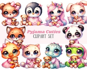 May include: A set of ten digital clipart images featuring cute cartoon animals wearing pajamas and holding teddy bears. The animals include a bear, penguin, unicorn, bunny, fox, duck, cat, dinosaur, frog, and panda. The images are perfect for creating personalized projects, invitations, cards, and more.