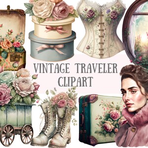 Clipart voyageur vintage aquarelle - valise vintage PNG à téléchargements d'images numériques pour la fabrication de cartes, scrapbooking, journal indésirable, travaux manuels en papier