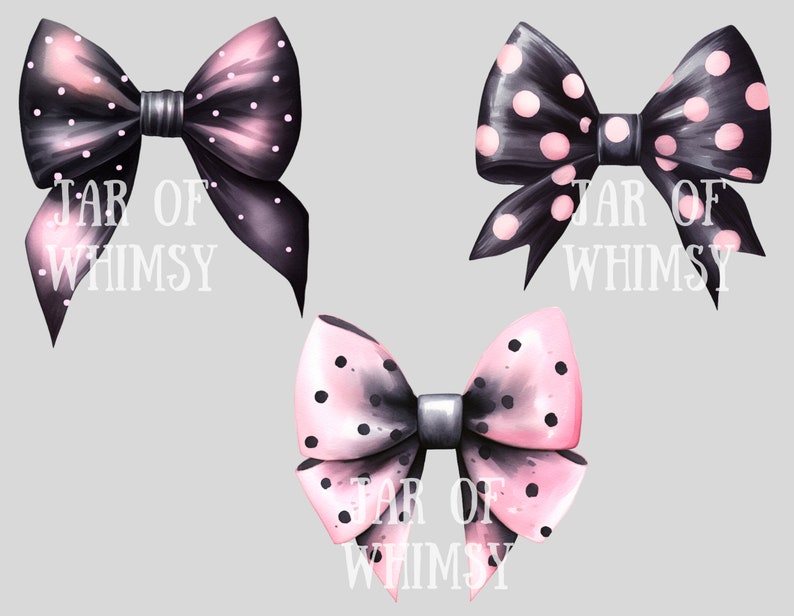 May include: Three black and pink polka dot bows with the text "JAR OF WHIMSY" printed below each bow.