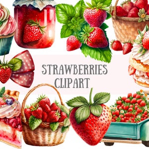 Clipart aquarelle de fraises - ferme de fraises PNG image numérique téléchargements pour la fabrication de cartes, scrapbooking, journal indésirable, travaux manuels en papier