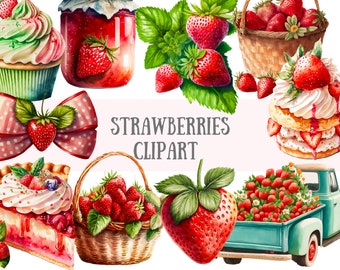 Watercolour Strawberries Clipart - Strawberry Farm PNG Digital Image Downloads for Card Making, Scrapbook, Junk Journal, Paper Crafts