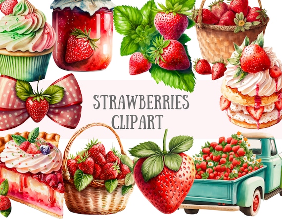 Watercolour Strawberries Clipart - Strawberry Farm PNG Digital Image Downloads for Card Making, Scrapbook, Junk Journal, Paper Crafts