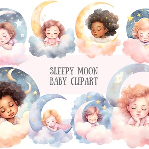 Acquerello Sleepy Moon Baby Clipart Baby Shower Nursery PNG Download di immagini digitali per la realizzazione di cartoline Scrapbook Junk Journal Paper Craft
