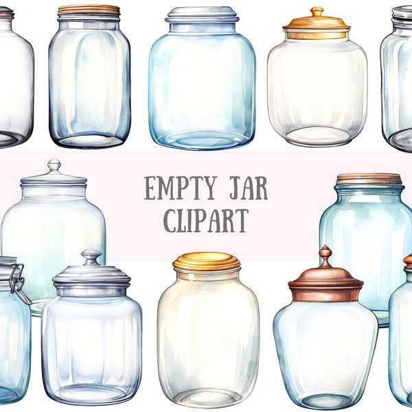 Watercolour Empty Jar Clipart Glass Jars with Lids PNG Digital Image Downloads for Card Making Scrapbook Junk Journal Paper Craft