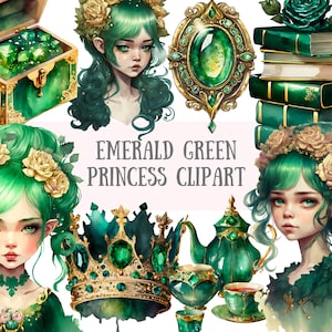 Watercolour Emerald Green Princess Clipart Fairytale Fantasy PNG Digital Image Downloads for Card Making Scrapbook Junk Journal Paper Crafts