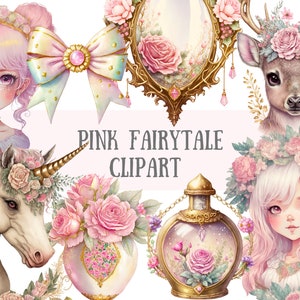 Aquarell rosa Märchen Clipart - Prinzessin Fantasy PNG digitale Bild-Downloads für die Kartenherstellung, Scrapbook, Junk Journal, Papierhandwerk