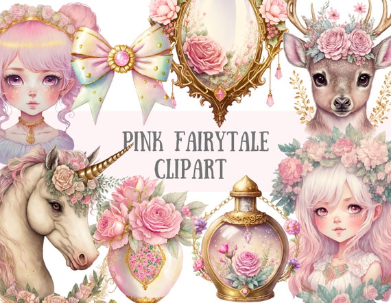 Watercolour Pink Fairytale Clipart - Princess Fantasy PNG Digital Image Downloads for Card Making, Scrapbook, Junk Journal, Paper Crafts