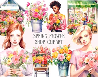 Akvarell vårblommabutik Clipart Floristflicka PNG Digitala bildnedladdningar för korttillverkning Scrapbook Junk Journal Papperspyssel
