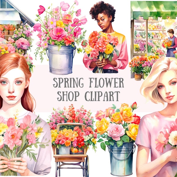 Watercolour Spring Flower Shop Clipart Florist Girl PNG Digital Image Downloads for Card Making Scrapbook Junk Journal Paper Crafts