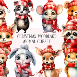 Clipart animaux des bois de Noël aquarelle Noël cerf renard PNG Image numérique à télécharger pour la fabrication de cartes scrapbooking Journal indésirable artisanat en papier