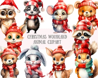 Akwarela Boże Narodzenie Leśne Zwierzęta Clipart Xmas Jeleń Lis PNG Pobieranie Obrazów Cyfrowych do Tworzenia Kartek Scrapbook Junk Journal Paper Craft