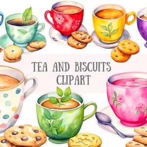 Aquarela Chá e Biscoitos Clipart Biscoito Chá da Manhã Downloads de imagens digitais PNG para fazer cartões Scrapbook Junk Journal Paper Crafts