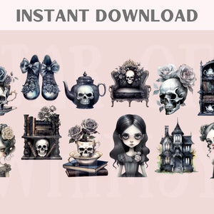 Puede incluir: Un conjunto de clipart digital con ilustraciones g&oacute;ticas y espeluznantes. El conjunto incluye una calavera en una taza de t&eacute;, una calavera en un sill&oacute;n, una calavera con rosas, una estanter&iacute;a con calaveras, una tetera con una calavera, un par de zapatos con lazos, una casa encantada y dos chicas con flores en el pelo.