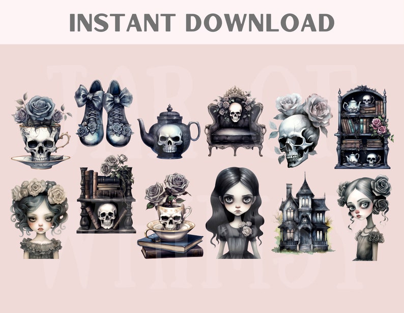 Puede incluir: Un conjunto de clipart digital con ilustraciones g&oacute;ticas y espeluznantes. El conjunto incluye una calavera en una taza de t&eacute;, una calavera en un sill&oacute;n, una calavera con rosas, una estanter&iacute;a con calaveras, una tetera con una calavera, un par de zapatos con lazos, una casa encantada y dos chicas con flores en el pelo.