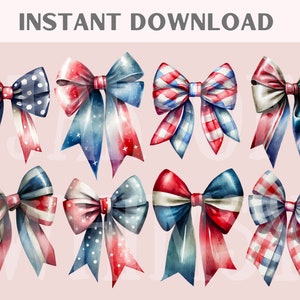 May include: Set of ten watercolor illustrations of red, white, and blue bows. The bows are in various patterns, including polka dots, stripes, and plaid.