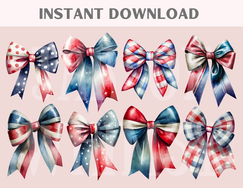 May include: Set of ten watercolor illustrations of red, white, and blue bows. The bows are in various patterns, including polka dots, stripes, and plaid.