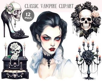 Aquarell klassische Vampir Clipart Halloween Fantasy PNG digitale Bild-Downloads für die Kartenherstellung Scrapbook Junk Journal Crafts