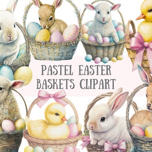 Acquerello pastello cestino di Pasqua Clipart - coniglietti di Pasqua PNG download di immagini digitali per la creazione di cartoline, album di ritagli, diario spazzatura, artigianato di carta