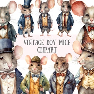 Aquarelle vintage garçon souris Clipart messieurs souris PNG Image numérique à télécharger pour la fabrication de cartes Scrapbook Junk Journal travaux manuels en papier