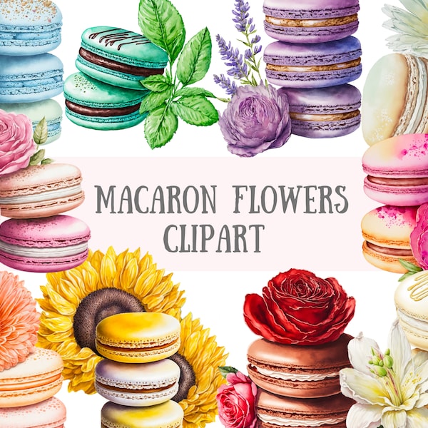 Aquarelle Macaron Fleurs Clipart - Macarons Roses PNG Téléchargement d’images numériques pour la fabrication de cartes, album, journal indésirable, artisanat en papier