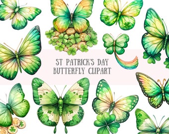 Watercolour St Patricks Day Butterfly Clipart Four Leaf Clover PNG Digital Image Download for Card Making Scrapbook Junk Journal Paper Craft