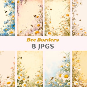 May include: Eight digital images of floral borders with bees. Each image features a different arrangement of white daisies, yellow flowers, and green leaves with bees flying around them. The background is a light yellow, cream, or blue watercolour wash.