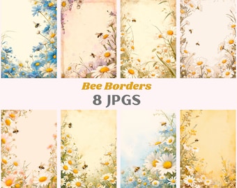 May include: Eight digital images of floral borders with bees. Each image features a different arrangement of white daisies, yellow flowers, and green leaves with bees flying around them. The background is a light yellow, cream, or blue watercolor wash.