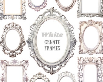 Watercolour White Ornate Frame Clipart Shabby Chic Baroque Frame PNG Digital Image Download Card Making Scrapbook Junk Journal Paper Craft