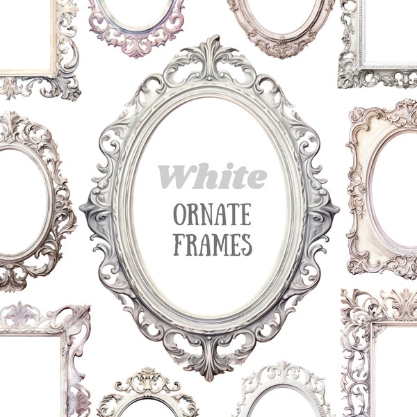 Watercolour White Ornate Frame Clipart Shabby Chic Baroque Frame PNG Digital Image Download Card Making Scrapbook Junk Journal Paper Craft