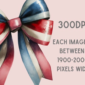 May include: A watercolor illustration of a red, white, and blue bow. The bow is tied in a knot and the ends of the ribbon are flowing. The background is a light pink.
