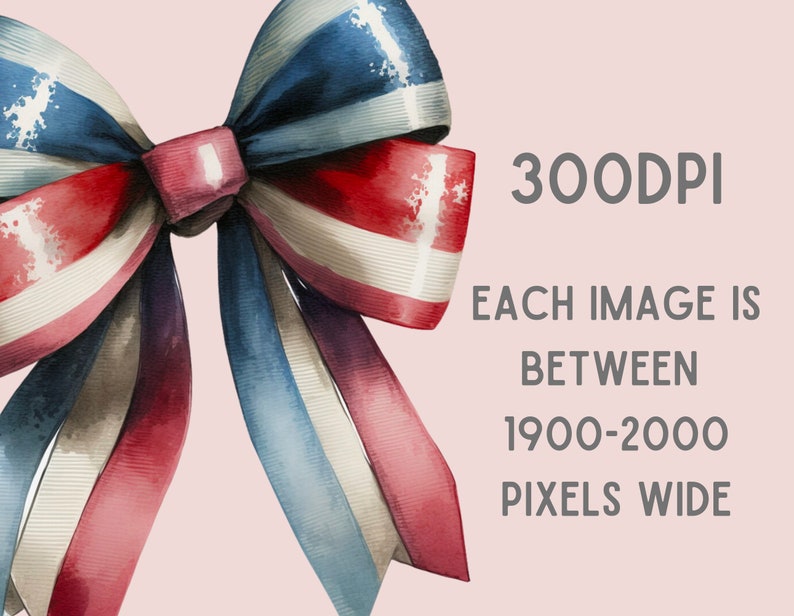 May include: A watercolor illustration of a red, white, and blue bow. The bow is tied in a knot and the ends of the ribbon are flowing. The background is a light pink.