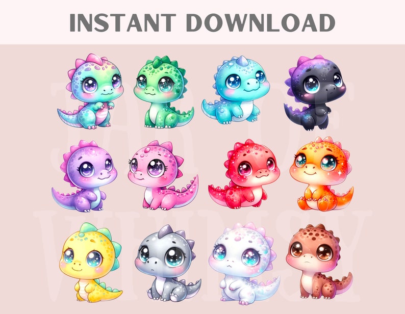 Puede incluir: Doce ilustraciones digitales de lindos dragones beb&eacute;s en varios colores, incluyendo rosa, azul, verde, amarillo, naranja, morado, gris y marr&oacute;n. Cada drag&oacute;n tiene ojos grandes y una expresi&oacute;n amigable.