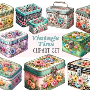 Aquarel vintage blikken clipart bloemen naaien blik koekje blikje PNG digitale beelddownloads voor kaarten maken plakboek ongewenste dagboek papier ambacht