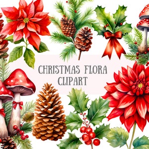 Aquarelle de Noël flore Clipart gui houx pomme de pin PNG à téléchargements d'images numériques pour la fabrication de cartes scrapbooking journal indésirable papier artisanat