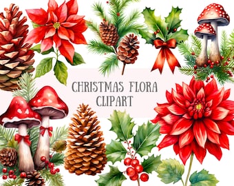 Acuarela Navidad Flora Clipart Muérdago Holly Pinecone PNG Descargas de imágenes digitales para hacer tarjetas Scrapbook Junk Journal Paper Craft