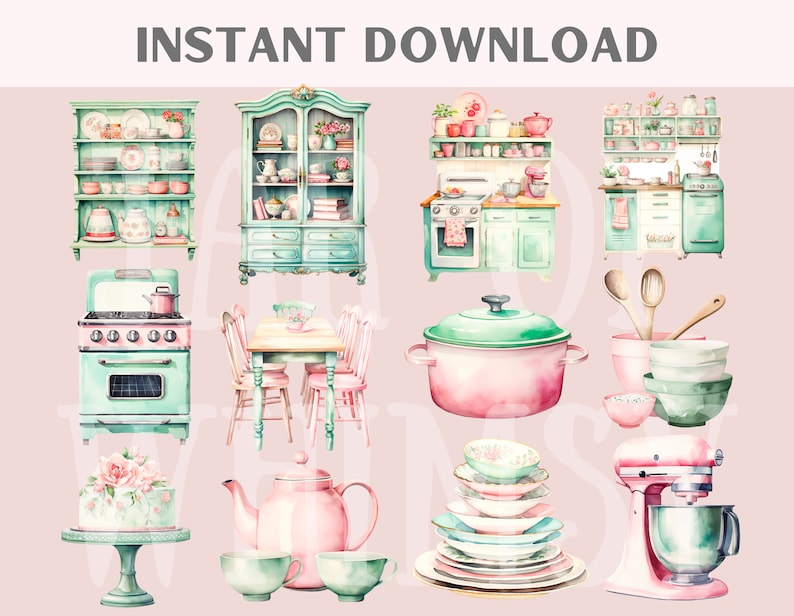 Pu&ograve; includere: Un set di 12 illustrazioni ad acquerello che rappresentano oggetti vintage per la cucina e la sala da pranzo. Le illustrazioni includono una stufa, un armadio, un tavolo con sedie, una teiera, una torta, una ciotola per mescolare, una pentola, una pila di piatti e un'impastatrice. Le illustrazioni sono dipinte in tonalit&agrave; di rosa, verde e bianco.