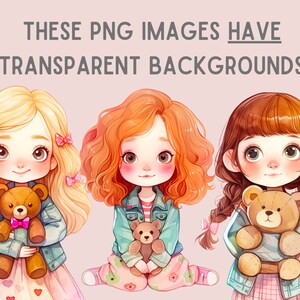 Puede incluir: Tres chicas de dibujos animados con el pelo largo, que llevan chaquetas vaqueras y sostienen osos de peluche. Las chicas tienen diferentes colores de pelo: rubio, rojo y marr&oacute;n. El fondo es de color rosa claro.