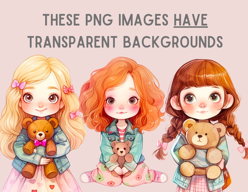 Puede incluir: Tres chicas de dibujos animados con el pelo largo, que llevan chaquetas vaqueras y sostienen osos de peluche. Las chicas tienen diferentes colores de pelo: rubio, rojo y marr&oacute;n. El fondo es de color rosa claro.