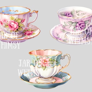 May include: Three vintage teacups and saucers with floral designs. The teacups are white with gold trim and feature pink, purple, and blue flowers. The saucers are decorated with matching floral patterns.