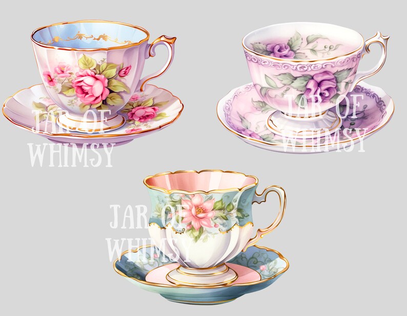 May include: Three vintage teacups and saucers with floral designs. The teacups are white with gold trim and feature pink, purple, and blue flowers. The saucers are decorated with matching floral patterns.