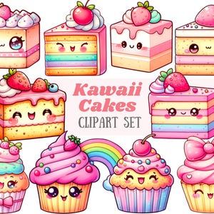 Aquarelle Kawaii gâteau Clipart mignon Chibi Cupcake PNG téléchargements d'images numériques pour la fabrication de cartes Scrapbook Junk Journal travaux manuels en papier