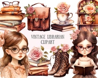 Watercolour Vintage Librarian Clipart Book Lover PNG Digital Image Downloads for Card Making Scrapbook Junk Journal Paper Crafts