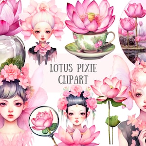 Acquerello Lotus Pixie Clipart Pink Water Lily Flower PNG Download di immagini digitali per la realizzazione di cartoline Scrapbook Junk Journal Paper Crafts