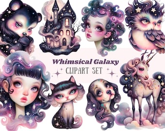 May include: Whimsical Galaxy Clipart Set featuring a unicorn, owl, cat, dog, and two girls with galaxy-themed hair and clothing. The images are set against a background of clouds and stars.