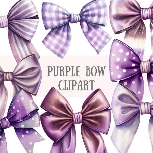 Aquarelle Purple Bows Clipart - Gingham Satin Dot Bow PNG Digital Image Téléchargements pour la fabrication de cartes, Scrapbook, Junk Journal, Paper Crafts