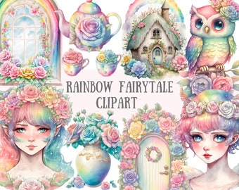 Watercolour Rainbow Fairytale Clipart - Fantasy PNG Digital Image Downloads for Card Making, Scrapbook, Junk Journal, Paper Crafts