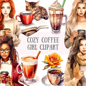 Aquarela Cosy Coffee Girl Clipart Xícara de Café Caneca Downloads de imagens digitais PNG para fazer cartões Scrapbook Junk Journal Paper Crafts